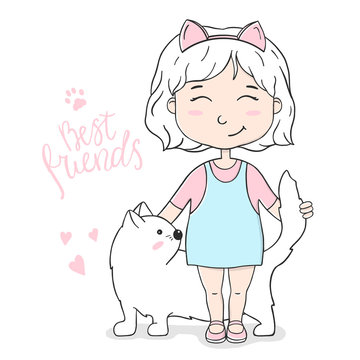 Cute girl with a white cat on white background in sketch style.