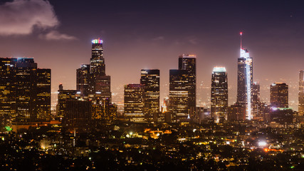 Aerial night view of Los Angeles Financial District skyline; California