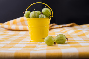 Yellow bucket of green cherry-cherry-plums. Black background.