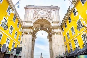 the famous triumphal arch in Lisbon city center in Portugal- Rua Augusta Arch at sunrise