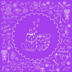 Big set of Cats Wedding. Just married. Accessories of the bride and groom, wedding gifts. Toast to us. Wedding cake and car. Lovely cats. Hand drawn stock vector illustration in vintage doodle style.