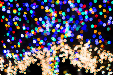 Defocused Christmas lights adorning a tree; Background bokeh of colorful lights; abstract background