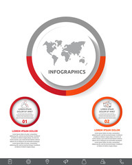 Vector infographic with main circle and 2 small circles. Circles with icons for two diagrams, graph, flowchart, timeline, marketing, presentation. Creative business concept