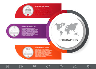 Vector infographic with main circle and 3 labels. Circles with icons for three diagrams, graph, flowchart, timeline, workflow, web. Creative business concept