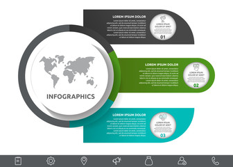 Vector infographic with main circle and 3 labels. Circles with icons for three diagrams, graph, flowchart, timeline, workflow, web. Creative business concept