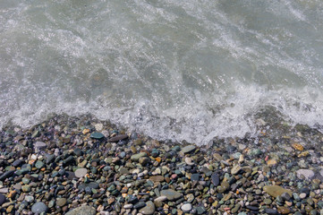 pebble coastline. Seashore with transparent water and small stones.