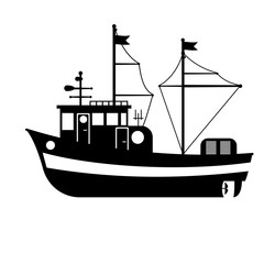 Silhouette of the sea towboat ship. Vector flat design illustration.