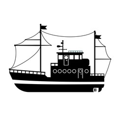 Silhouette of the sea towboat ship. Vector flat design illustration.