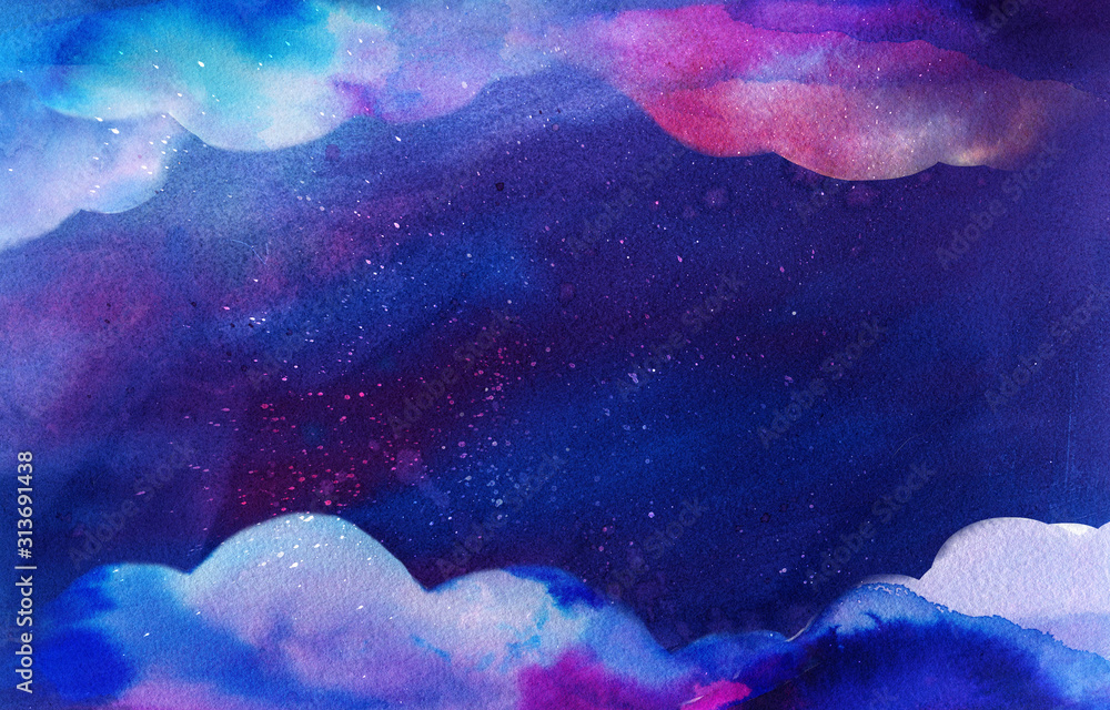 Sticker watercolor clouds frame on deep blue space texture. fantasy background with paint splashes and swash