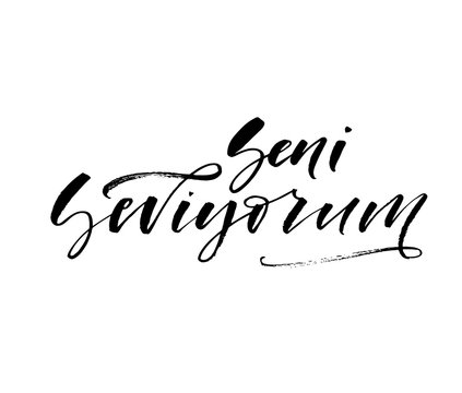 I love you in Turkish. Hand drawn brush style modern calligraphy. Vector illustration of handwritten lettering. 