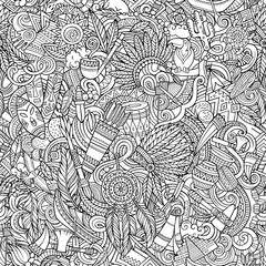 Cartoon cute doodles hand drawn Native American seamless pattern.