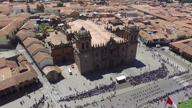 Cusco cathedral aerial drone rooftop view. The Cathedral Basilica of the Assumption of the Virgin, also known as Cusco Cathedral, is the mother church of the Roman Catholic Archdiocese of Cusco.