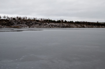 Landscape with a young forest and a frozen lake in cloudy weather in late autumn