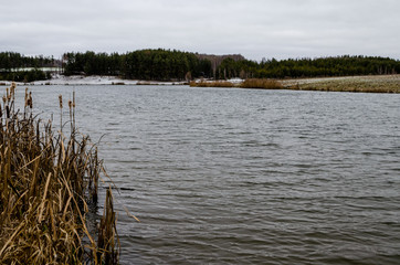 Big waves on the lake in stormy windy weather on a cloudy autumn day.