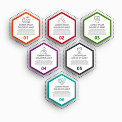 Vector infographic with 6 hexagons. Used for six diagrams, graph, flowchart, timeline, marketing, presentation. Creative business concept