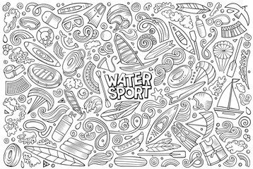 Vector doodle cartoon set of Water sport objects and symbols