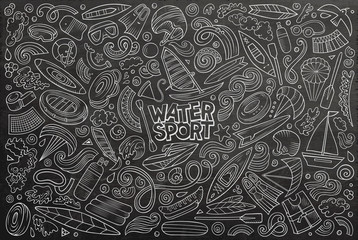 Obraz premium Vector doodle cartoon set of Water sport objects and symbols