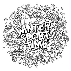 Winter Sports hand drawn cartoon doodles illustration.