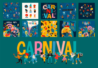 Naklejka premium Hello Carnival. Vector set of illustrations for carnival concept and other use.