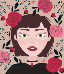 beautiful woman with brown hair and floral decoration