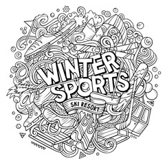Winter Sports hand drawn cartoon doodles illustration.