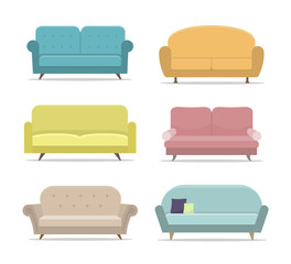 Set of sofa or couch. Flat house sofas on isolated background. Apartment furniture, office. Collection of divan for room interior. Armchair for lounge. Modern cartoon couch. vector illustration