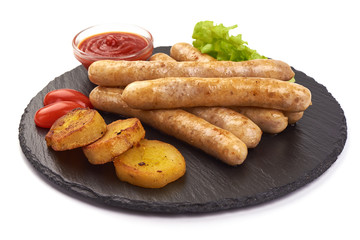 Grilled barbecue chicken sausages, isolated on white background