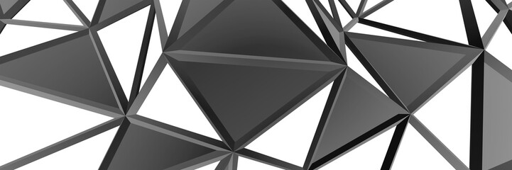 3d ILLUSTRATION, of black and white abstract crystal background, triangular texture, wide panoramic for wallpaper, 3d black background low poly design