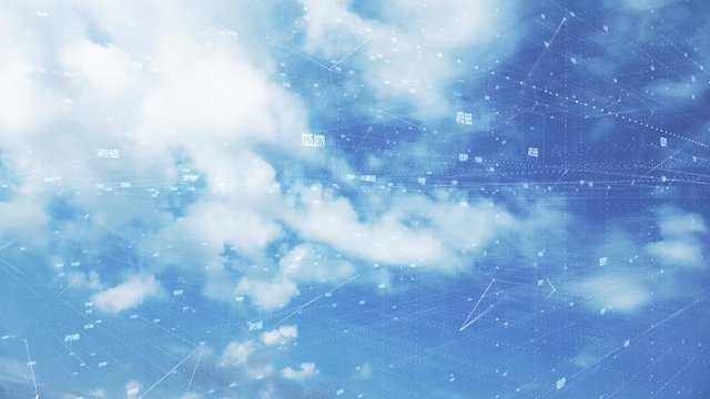 Digital sky with clouds and numbers animation.