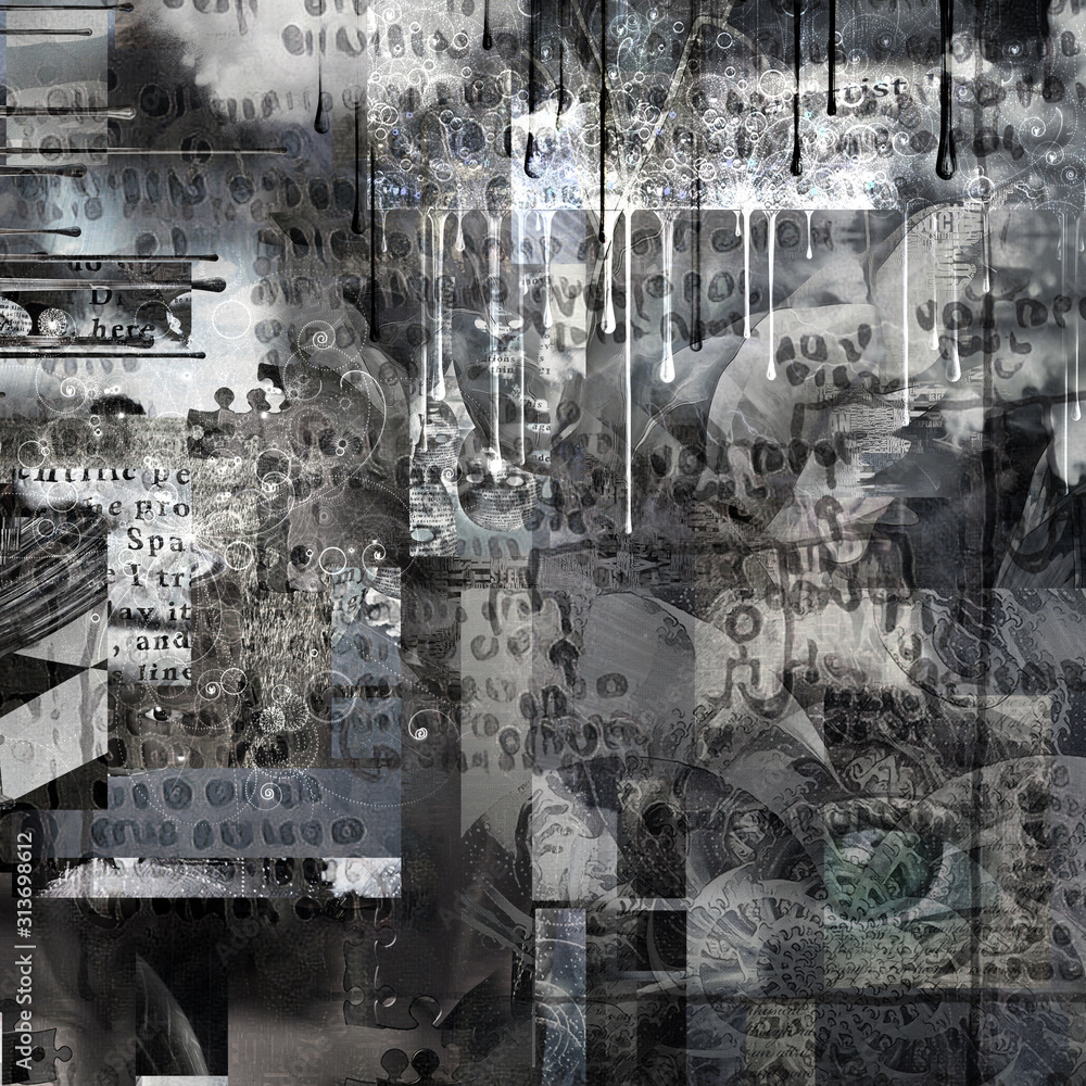 Poster abstract painting. masks and eye. symbols and text on a background. 3d rendering