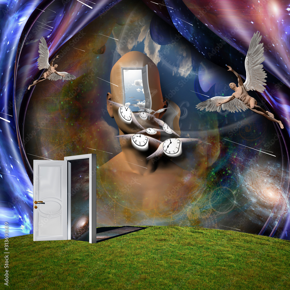 Poster surrealism. man's head with opened door to another world. man with wings represents angel. winged cl