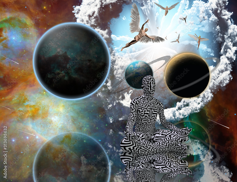 Poster surreal composition. man with maze pattern in lotus pose. angels comes from another dimensions. univ