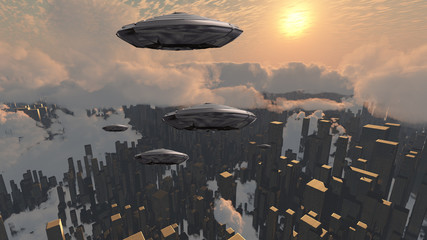 Flying saucers over futuristic megalopolis. Sunset © rolffimages