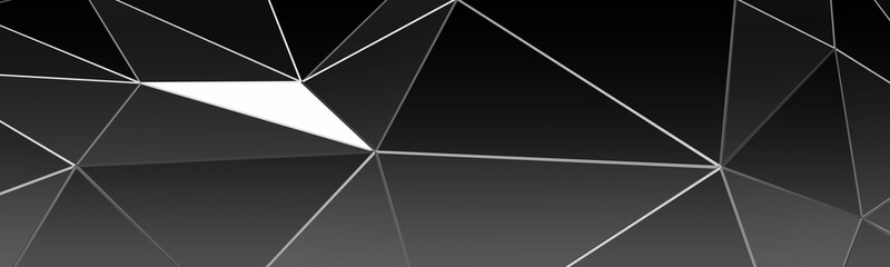 3d ILLUSTRATION, of black abstract crystal background with white triangle, triangular texture, wide panoramic for wallpaper, 3d black background low poly design