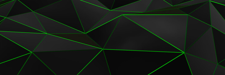 3d ILLUSTRATION, of black abstract crystal background , triangular texture, wide panoramic for wallpaper, 3d black background low poly design