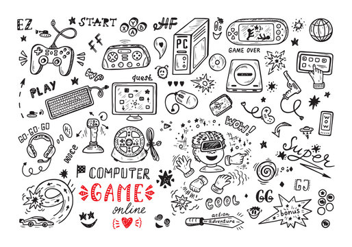 Gadget icons Vector Set. Hand Drawn Doodle Computer Game items. Video Games.