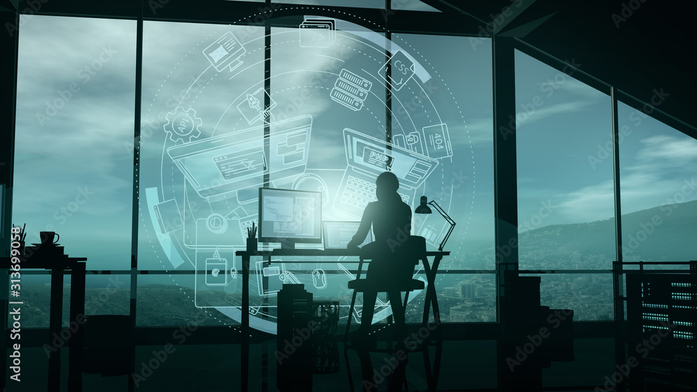 Poster a web developer at a computer in her office and virtual infographics.