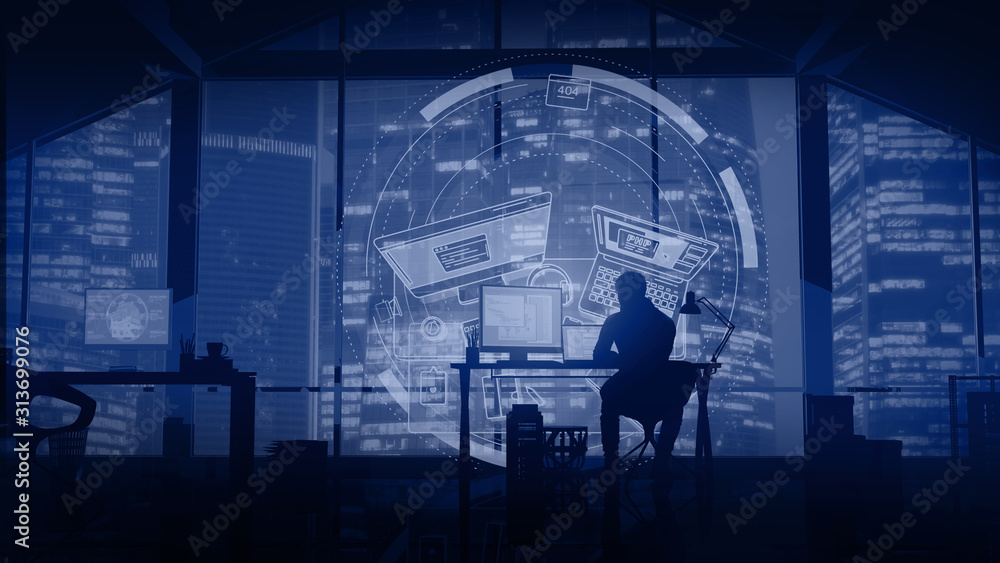 Poster web developer works on the background of evening skyscrapers and infographics.