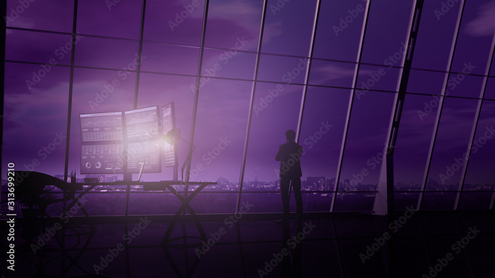 Poster a trader is standing opposite a panoramic window in a dark office.
