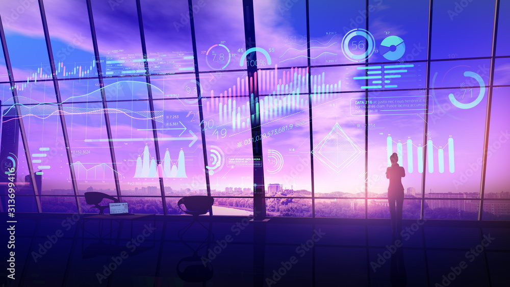 Aufkleber a business woman is looking at an array of infographics projecting in virtual reality.