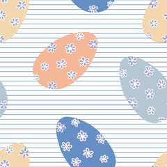 Floral Easter Eggs in soft neutral colors vector seamless pattern. Easter egg pattern with pinstripe background and little hand drawn daisies.