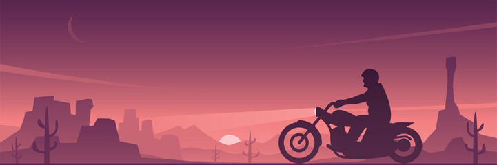 Biker Riding Motorcycle in the Desert Landscape Banner