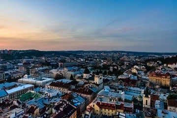 View on historic center of the Lviv at sunset. View on Lvov cityscape from the town hall