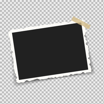 Realistic photo frames with retro shapes around the edges, on brackets and pieces of sticky adhesive tape and scotch tape. Vector illustration.