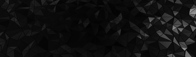 3d ILLUSTRATION, of black abstract crystal background, triangular texture, wide panoramic for wallpaper, 3d black background low poly design