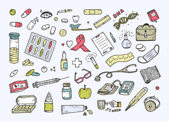 Healthcare and Medicine Vector Set. Hand Drawn Doodle Health items. Drugs and Medical Products and Devices.