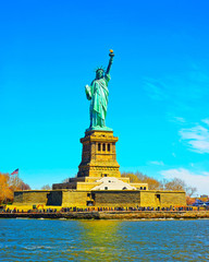 Statue on Liberty Island, USA, in Upper New York Bay on Manhattan City Area, America. American...