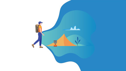 Fototapeta premium Man with backpack, traveller or explorer standing looking on valley. Concept of discovery, exploration, hiking, adventure tourism and travel. Flat vector illustration.