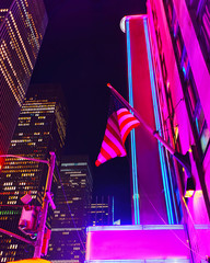 Night Street in Financial District at Lower and Downtown Manhattan, New York of USA. Skyline and...