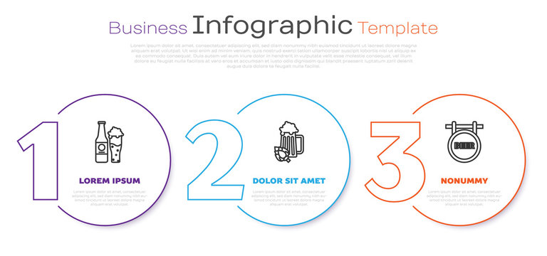 Set line Beer bottle and glass, Glass of beer and hop and Street signboard with inscription Beer. Business infographic template. Vector